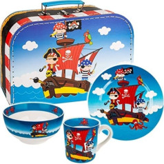 Alles-meine.de Gmbh 4-Piece Crockery Set - Children's Crockery Set - Porcelain / Ceramic - Pirate & Pirate Ship - Picnic Set - Drinking Cup + Plate + Cereal Bowl + Children's Case