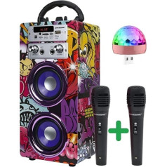 DYNASONIC — (3. paaudzes pārnēsājamais Bluetooth skaļrunis ar karaoke režīmu un mikrofonu, FM radio un USB SD lasītāju (12. modelis, disko apgaismojums)