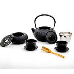 Lumaland Tea Set 8 Pieces | 1.4 Litre Cast Iron Teapot Tetsubin | Cast Iron Warmer | 2 Tea Cups & 2 Saucers | Japanese Tea Set Including Bamboo Dosing Spoon & Stainless Steel Strainer [Black]