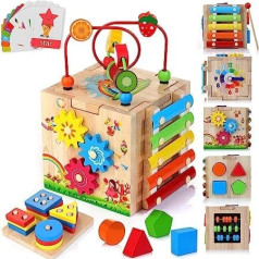 HELLOWOOD koka motorisko prasmju kubs, aktivitāšu kubs, 8-in-1 motorisko prasmju rotaļlieta ar sakraušanu un šķirošanas dēli, vārdu kartītes (angļu valodā), Montessori izglītojoša rotaļlieta maziem bērniem, mazulis no 12 mēn.