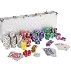 Izcils pokera komplekts ar 500 augstas kvalitātes 12 g metāla kodola lāzera žetoniem, komplektā: 2 x pokera komplekti, alumīnija pokera futrālis, 5 x kauliņi, 1 dīlera poga, pokera komplekts ar pokera žetoniem.
