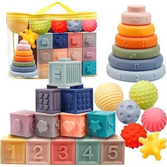 24 daļīgs mīksts saspiežams mazuļu rotaļlietu komplekts ar bumbiņām, celtniecības blokiem un sakraušanas torni, Montessori sensoro rotaļlietu zobi, izglītojoša rotaļlieta maziem bērniem no 6 9 12 mēnešiem, 1 gadu, meitenei.