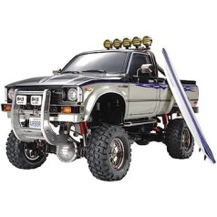 Tamiya 1:10 RC Toyota HiLux HighLift 4 x 4, 3 pārnesumu tālvadības automašīna iesk. Vērfinga dēlis, bezceļš, pikaps, elektromotors, modeļu komplekts, metāla aprīkojums, nekrāsots, 58397