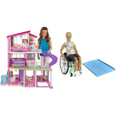 Barbie GNH53 Dream Villa Dreamhouse Adventures leļļu nams ar 3 stāviem, 8 istabām, baseinu ar slidkalniņu un piederumiem un GWX93 — Kena lelle ar ratiņkrēslu un rampu, pārklāta ar kaklasaites krāsas kreklu