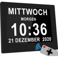 Véfaîî [2023. gada jaunums] 8 collu elektroniskais dienas datumu kalendāra pulkstenis, nesaīsināts, liels pulkstenis senioriem ar Alcheimera demenci — ar tālvadības pulti