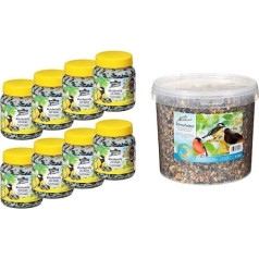 Dehner Natura savvaļas putnu barība, liellopu gaļas suets stiklā, ar saulespuķu sēklām, 8 x 250 g (2 kg) un Natura savvaļas putnu barība, izkaisīta barība spainī, 3 kg