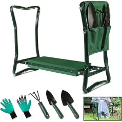 MASTERTOP 2-in-1 Garden Kneeler saliekamais dārza krēsls (60,5 × 47 × 15 cm) ar 3 instrumentu somām un 1 gumijas cimdiem dārzkopībai, pārnēsājams, zaļš