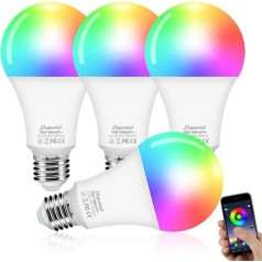 Alexa Light Bulbs E27 viedā LED lampa, 10 W WiFi krāsu maiņas LED RGB spuldze, 16 miljoni krāsu, lietotņu vadības regulējama spuldzes lampa, silti balta (2700 K) vēsi balta (6500 K), 4 dab.