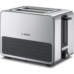 Bosch TAT7S25 Compact Toaster, Integrated Stainless Steel Bun Attachment, with Automatic Shut-Off, with Defrosting Function, Ideal for 2 Slices of Toast, Wide, Lift Function, 1050 W, Black/Grey