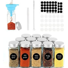 MXTIMWAN Spice Jars, Set of 12, 120 ml Spice Jars, Square, Spice Jars, Glass Spice Jars with Silicone Funnel, Round Empty Stickers, Sieves, Chalk Pen, Cleaning Brush