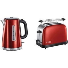 Russell Hobbs Luna 23330-56 tējkanna, sarkana, 1,7 l, 2400 W, ātras vārīšanas funkcija, kaļķakmens filtrs, ūdens līmenis un tostera krāsas+ sarkans, 2 īpaši platas grauzdēšanas atveres, iekļauts bulciņu stiprinājums, 1670 W, sarkans, 2