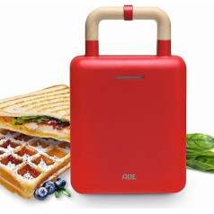 ADE KG2006 Waffle Iron Sandwich Maker 2-in-1 Interchangeable Plates, Sandwich Toaster with Non-Stick Coating for Baking and Toasting, Carry Handle with Locking Device, Matte Colour Finish, Red