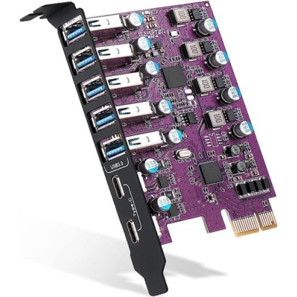 YEELIYA PCI-E uz USB 3.0 kartes 7 ports (2 x USB C, 5 x USB A), PCI Express USB karte, PCIE paplašināšanas kartes iekšējā USB centrmezgla pārveidotājs galddatoram operētājsistēmai Windows 10/8/7/XP Mac OS