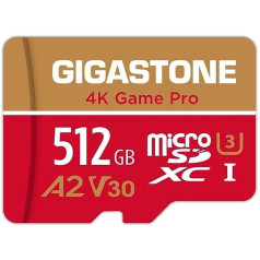 [5 gadu bezmaksas datu atkopšana] Gigastone 4K Game Pro 512 GB MicroSDXC atmiņas karte un SD adapteris, savietojams ar GoPro Drone Switch, ātrums 100 MB/s, A2 U3 V30 Micro SD karte