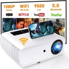 5G WiFi projektors 9500 Lux Native 1080P projektors Full HD mājas kinozāles video projektors 4K, Bluetooth projektors WLAN projektors 350 collu displejs saderīgs ar TV Stick, HDMI, USB, X-Box, iOS/Android, balts