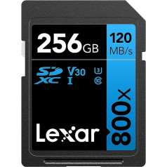 Lexar augstas veiktspējas 800x SD karte 256 GB, SDXC UHS-I BLUE sērija, lasīšanas ātrums līdz 120 MB/s, rakstīšanas ātrums 45 MB/s, paredzēts mērķēt un fotografēt, DSLR kamerām, HD videokamerām (LSD0800256GB) G-BNNAG. )