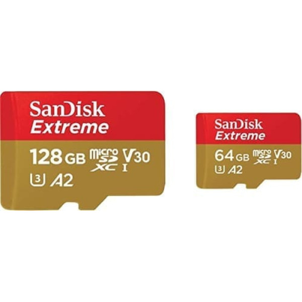 SanDisk Extreme microSDXC UHS-I atmiņas karte 128 GB & Extreme microSDXC UHS-I atmiņas karte 64 GB + adapteris (viedtālruņiem, darbības kamerām un droniem, A2, C10, V30, U3, 170 MB/s, RescuePRO Deluxe)