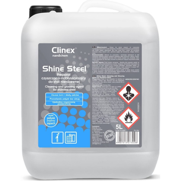 CLINEX Shine Steel 5L preparāts nerūsējošā tērauda mēbeļu un ierīču tīrīšanai un pulēšanai