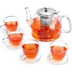 1200 ml Teapot Glass Set, Teapot with Strainer Insert, Tea Service 4 Double-Walled Glasses, Borosilicate Glass Teapot, Glass Teapot with Strainer Insert, Tea Infuser for Loose Leaves Teapot Set