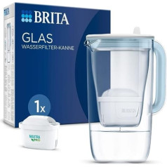 BRITA stikla ūdens filtra krūze gaiši zila (2,5 l) ietver 1 Maxtra Pro universālā kārtridžu — augstākās kvalitātes stikla krūze, izturīga un viegla / samazina kaļķakmens, hloru, pesticīdus, metālus, piemēram, svinu un varu