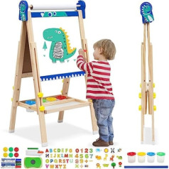 Bērnu koka dēlis| Salokāms abpusējs mākslas molberts tāfelei un tāfelei | Regulējams augstums ar papīra rulli, tāfeli, tāfeli, pildspalvu, bagātīgiem piederumiem