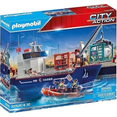 Playmobil City Action 70769 liels konteineru kuģis ar muitas laivu un iekraušanas celtni (360° pagriežams) vieglai iekraušanai un izkraušanai, ieskaitot kravas nodalījumu un 2 konteinerus, peldams, no 4 gadiem