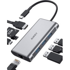 Aukey CB-C91 aluminum usb-c hub | 8in1 | rj45 ethernet 10/100 / 1000mbps | 3xusb 3.1 | hdmi 4k @ 30hz | sd and micro sd | usb-c power delivery 100w