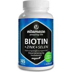 Vitamaze - Amazing Life Biotīns lielas devas ar selēnu un cinku matu augšanai, ādai un nagiem, 365 vegānas tabletes 1 gadam, biotīna liela deva 10 000 mcg, ražots Vācijā