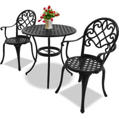 Homeology Prego Garden and Patio Table and 2 Large Chairs with Armrests Cast Aluminium Bistro Set - Black