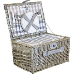4 Person Willow Grey Chequered Fitted Willow Picnic Basket with Cooler Cutlery Plate