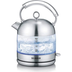 SEVERIN Retro Glass Kettle, Powerful and Compact Kettle in High-Quality Retro Design, Electric Kettle, Glass/Brushed Stainless Steel, WK 3459