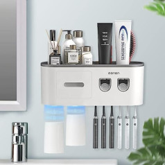 BHeadCat Toothbrush Holder, Wall Mounted Toothbrush Holder with Double Automatic Toothpaste Dispenser for Kids and Adults, 6 Brush Slots, 2 Magnetic Cups, Grey