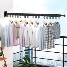 120 cm Clothes Airer Wall Mounted Foldable Clothes Rack Wall Extendable Clothes Rail with 18 Hooks, Extendable for Wall Mounting, Towel Holder for Balcony, Bedroom, Bathroom