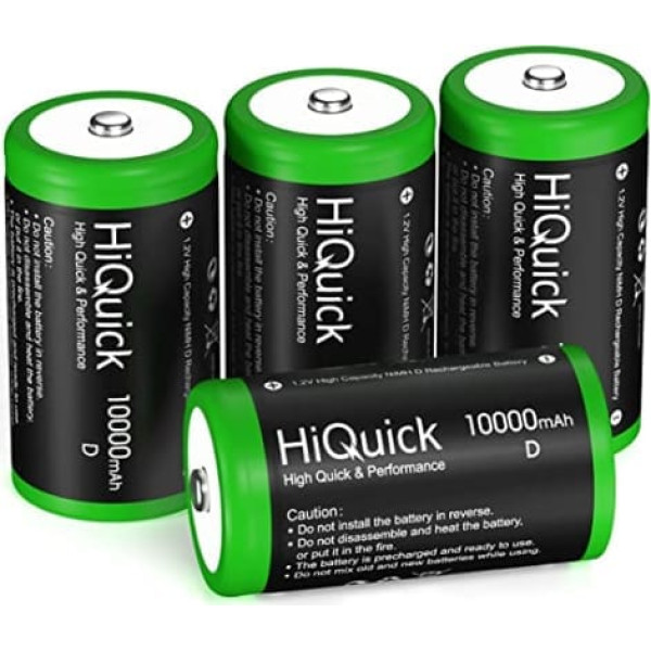 HiQuick 4 x Mono D akumulators, Ni-MH uzlādējams D akumulators, liela ietilpība 10000 mAh, 1200 uzlādes cikli, 1,2 V D tipa akumulators