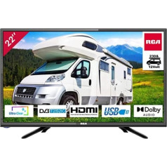 RCA iRB22H3C televizors 22 collu (TV 56 cm), Dolby Audio, trīskāršs uztvērējs DVB-C/T2/S2, VGA, HDMI, USB, digitālā audio izeja, iekļauts viesnīcas režīms, 230 V un 12 V automašīnas adapteris, pēc izvēles dzīvojamām mājām un treiler