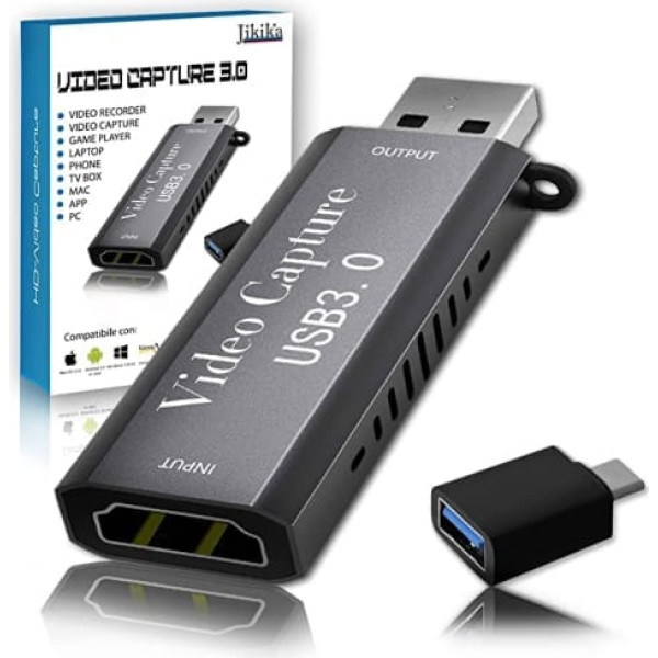 Jikika Capture Card HDMI uz USB video tveršanas karte 1080P 60Hz video audio uztveršanas ierīce tieši uz datorspēļu tveršanas karte ir saderīga ar Xbox planšetdatora kameru PC spēles viedtālrunis