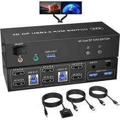 USB 3.0 KVM slēdzis 2 monitori DisplayPort 4K @ 60Hz paplašinātais displejs, Displayport Switch 2 PC 2 monitors ar audio mikrofona izvadi un 3 USB 3.0 porti, tastatūras peles datora monitora slēdzis 2 datori 2 monitori