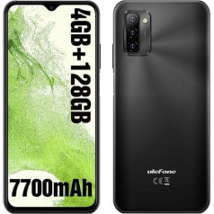 Ulefone Note 12 mobilais tālrunis (2023) 7700 mAh liels akumulators 128 GB ROM/SD-128 GB 6,82 collu HD+ Android 11 viedtālrunis bez līguma, 13 MP galvenā kamera 3 kartes slots 4G divu SIM mobilais tālrunis OTG (melns)