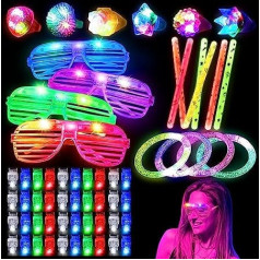60 dab. LED apgaismojamas rotaļlietas ballīšu piederumi, kas mirdz tumsā ballīšu piederumi bērniem/pieaugušajiem Helovīnam ar 40 pirkstu gaismām, 6 želejas gredzeniem, 4 mirgojošām brillēm, 4 aproces.