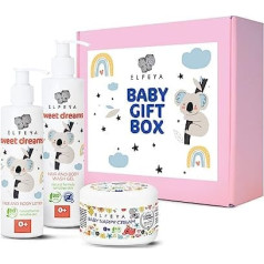 Dāvanu kastīte mazulim — komplekts pa 3 — matu un ķermeņa mazgāšanas želeja, sejas un ķermeņa losjons, aizsargkrēms autiņbiksītēm
