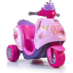 FEBER — Scooty Little Princess 6 V rozā elektriskais skrejritenis un uzbraucams mobilais ar ziedu, sirsniņu un kroņa rotājumiem, rotaļlieta +1 gads, Famosa (FEB09000)