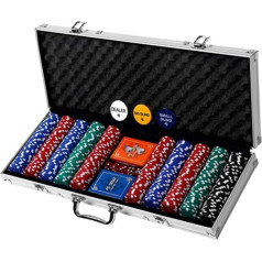 Rally & Roar pokera komplekts ar futrāli, 500 žetoniem, kārtīm, kauliņiem, alumīnija korpusu un taustiņiem: Texas Hold'em, blekdžeks un citi
