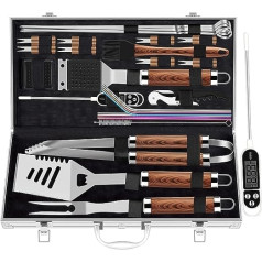 Romanticist Extra Thick Stainless Steel BBQ Tool Set for Men, 26-Piece BBQ Accessories Set for Backyard BBQ, Utensils Gift Set, with Corkscrew, in Aluminium Case, for Birthday, Brown