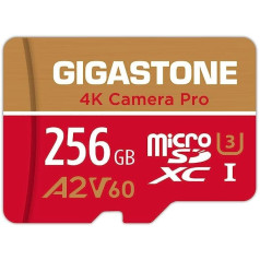 Gigastone [5 gadu bezmaksas datu atkopšana] Gigastone A2 V60 4K Camera Pro 256GB MicroSDXC atmiņas karte un SD adapteris, saderīgs ar GoPro Drone Switch, ātrums 130MB/s, U3 Micro SD karte