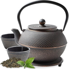 Tealøv Cast Iron Teapot Set, 1.1 L, in Gift Box, Complete Cast Iron Tea Set, Cast Iron Teapot with Strainer Insert, Tea Cups & Coasters, Japanese Style Tea Set, Black/Copper