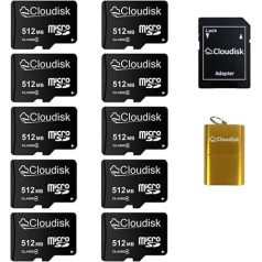 Cloudisk Clodisk Micro SD karte maza ietilpība 10 pack, 512 MB (bez GB) ar MicroSD adapteri, karšu lasītāja atmiņas karte maziem datu failiem, reklāmai vai veicināšanai (pārāk maza videoklipiem)