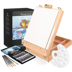 Acrylic Paint Set for Artists - with Painting Case for Adults Made of Wood, Easel 24 Tubes of Acrylic Paints, 6 Paint Brushes, Canvas, Spatula Knife and Mixing Palette