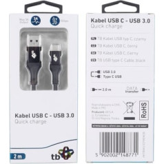 TB USB 3.0 kabelis — usb c 2m premium 3a black tpe