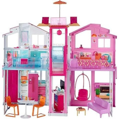 Barbie DLY32 - 3 stāvu pilsētas mājas leļļu māja ar 4 istabām, liftu un piederumiem, apm. 75 cm augsts, rotaļlietas meitenēm no 3 gadiem, vienvietīgas, 0