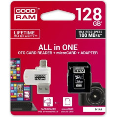 Goodram MicroSDXC Class 10 UHS I 128GB Atmiņas karte + Karšu lasītājs + Adapteris